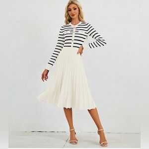 Casual Long Sleeve Striped Crewneck Button Swing Pleated Knit A Line Dresses